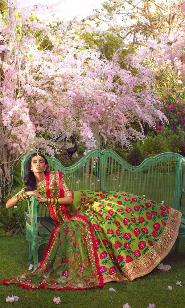 Vibrant Green Floral Silk-Blend Lehenga (3-Piece) - Image 12