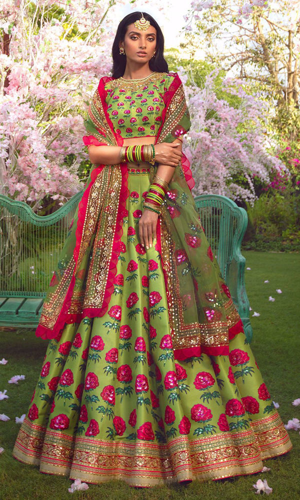 Vibrant Green Floral Silk-Blend Lehenga (3-Piece) - Image 2