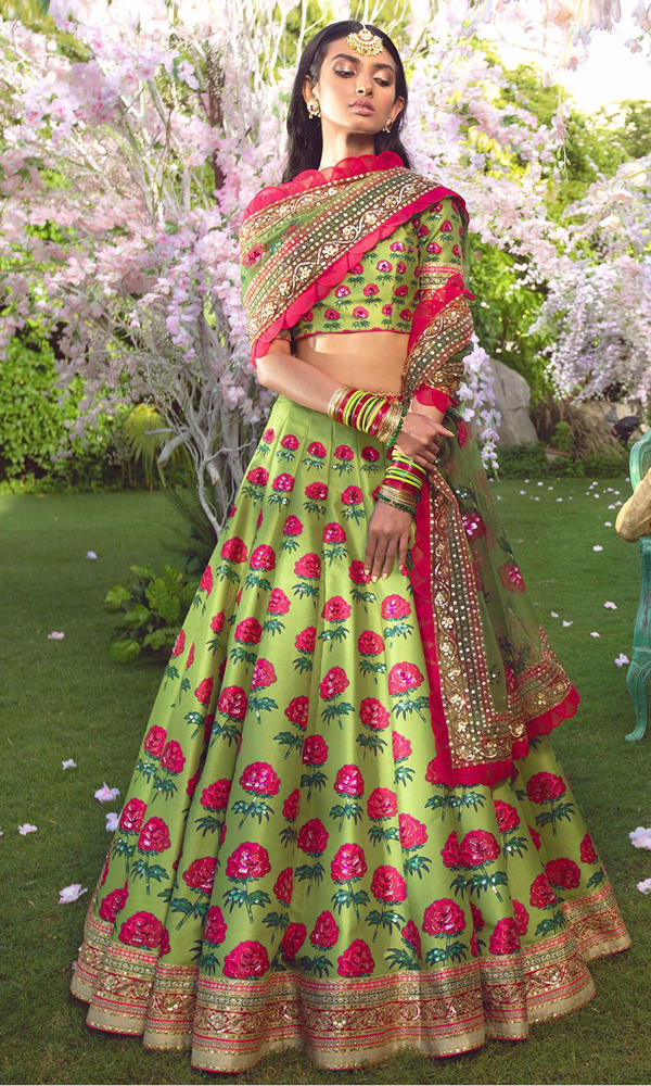 Vibrant Green Floral Silk-Blend Lehenga (3-Piece) - Image 3