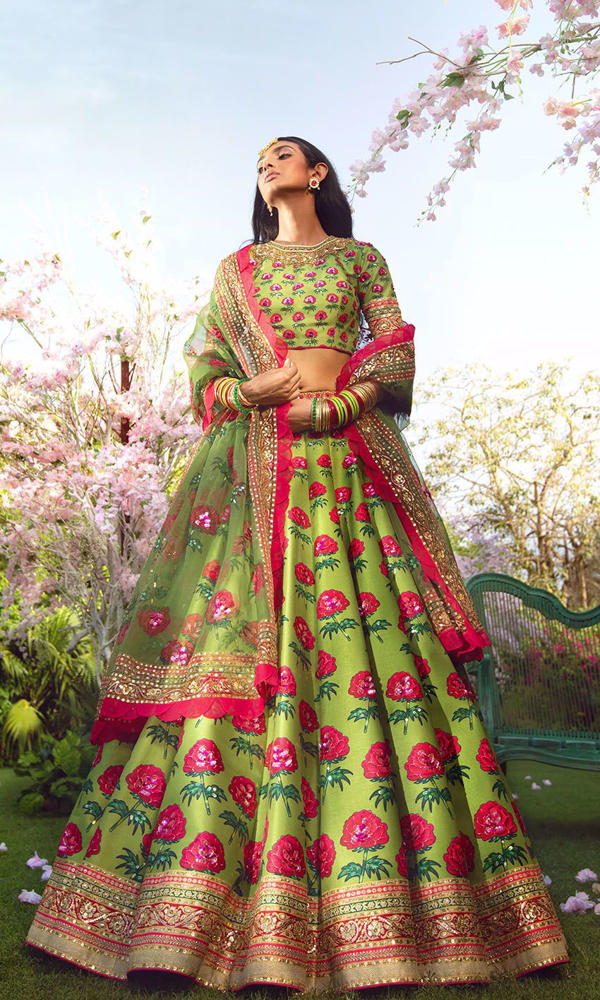 Vibrant Green Floral Silk-Blend Lehenga (3-Piece) - Image 4