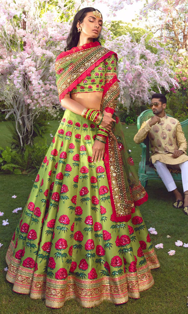 Vibrant Green Floral Silk-Blend Lehenga (3-Piece) - Image 5