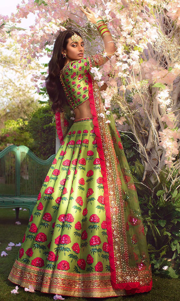 Vibrant Green Floral Silk-Blend Lehenga (3-Piece) - Image 6