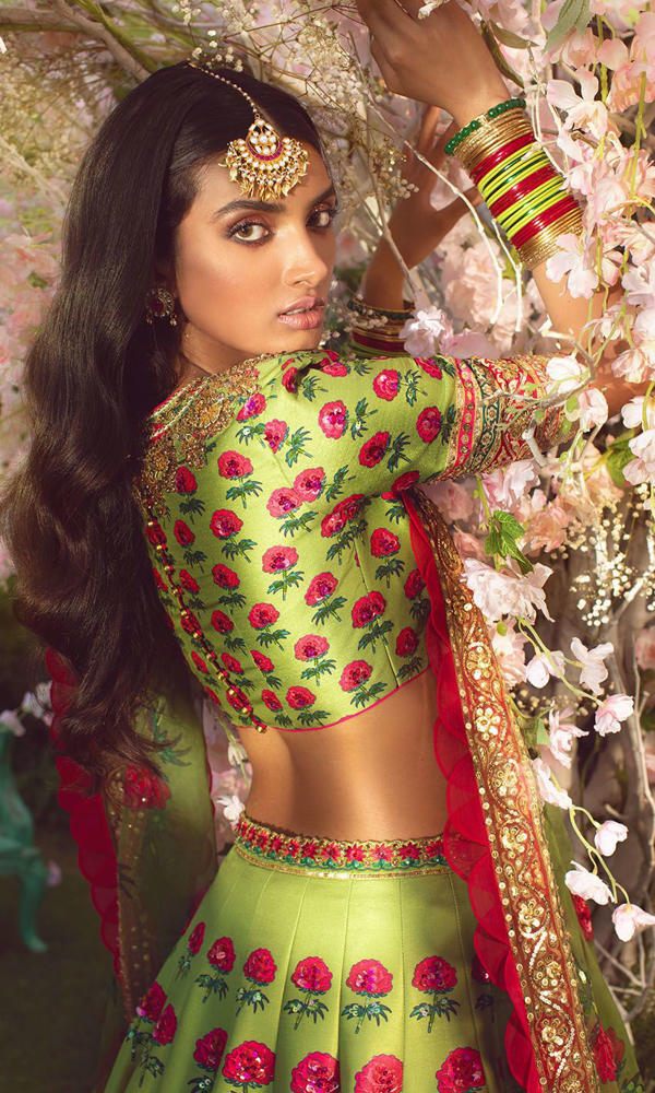 Vibrant Green Floral Silk-Blend Lehenga (3-Piece) - Image 8
