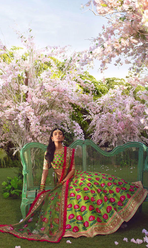 Vibrant Green Floral Silk-Blend Lehenga (3-Piece) - Image 9