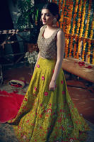 Pakistani Lime Green Floral Embroidered Silk-Blend Lehenga (2-Piece) - Image 2