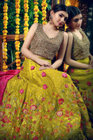 Pakistani Lime Green Floral Embroidered Silk-Blend Lehenga (2-Piece) - Image 3