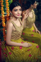 Pakistani Lime Green Floral Embroidered Silk-Blend Lehenga (2-Piece) - Image 4