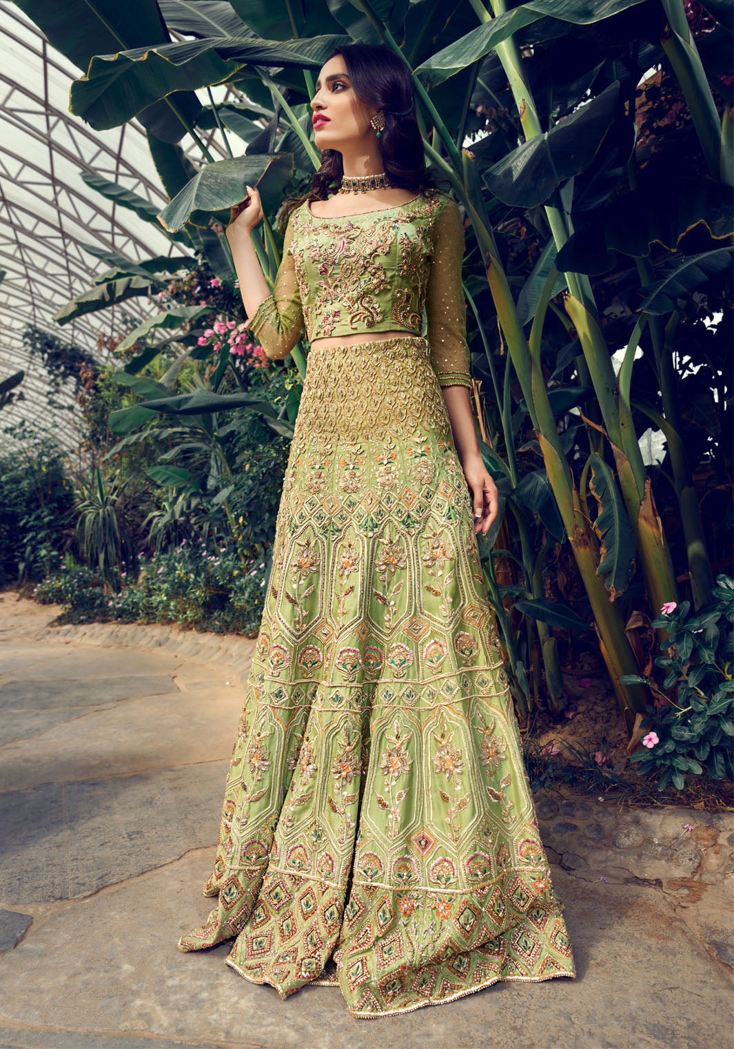 Pakistani Olive Green Embroidered Silk-Blend Lehenga Choli (3-Piece) - Image 2