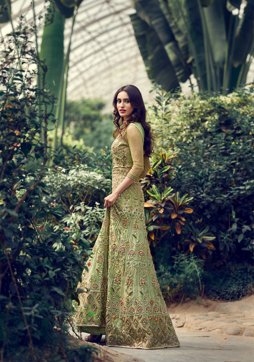 Pakistani Olive Green Embroidered Silk-Blend Lehenga Choli (3-Piece) - Image 3