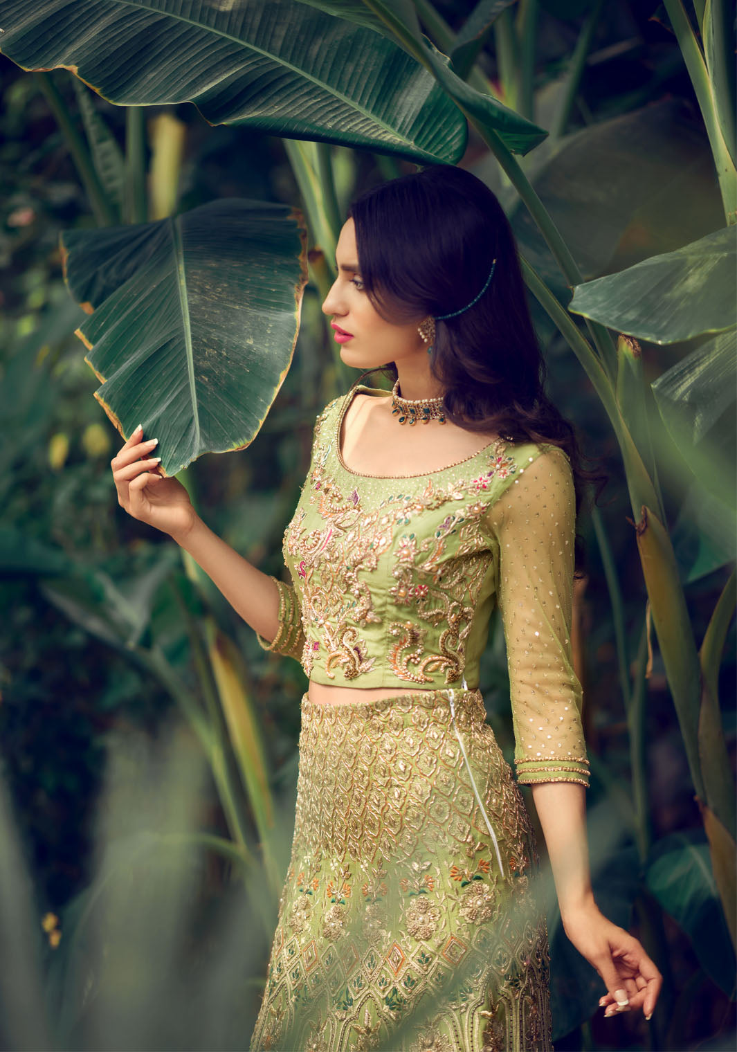 Pakistani Olive Green Embroidered Silk-Blend Lehenga Choli (3-Piece) - Image 4