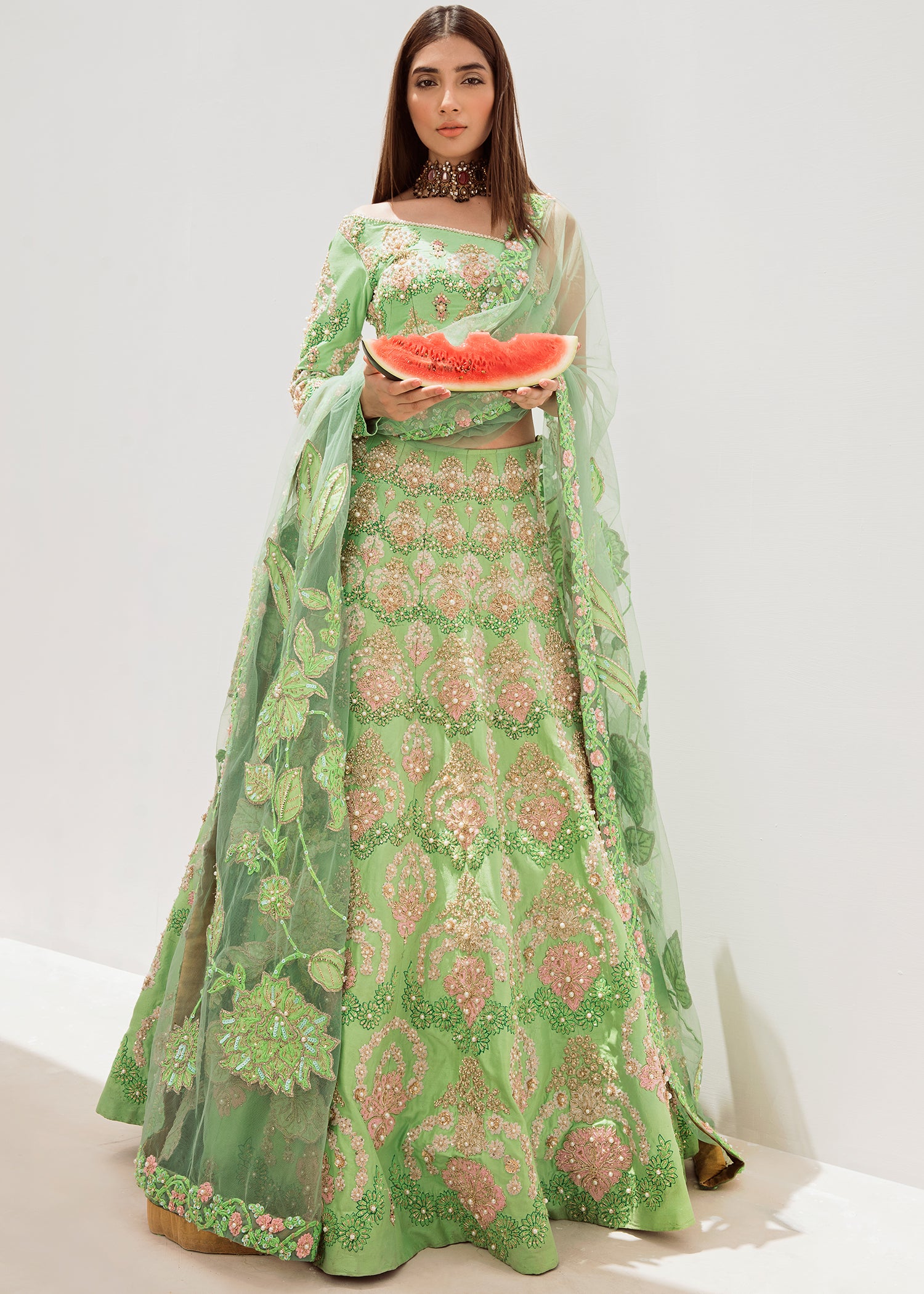 Persian Green Embellished Silk-Blend Lehnga Choli (3-Piece) - Image 1