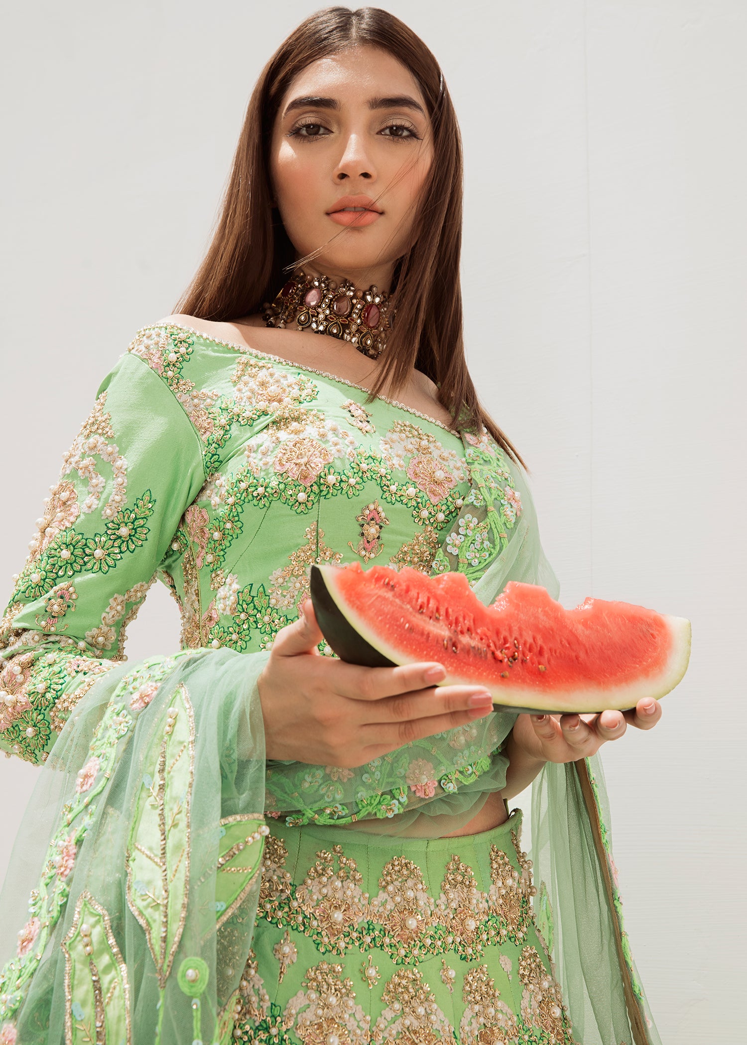 Persian Green Embellished Silk-Blend Lehnga Choli (3-Piece) - Image 2