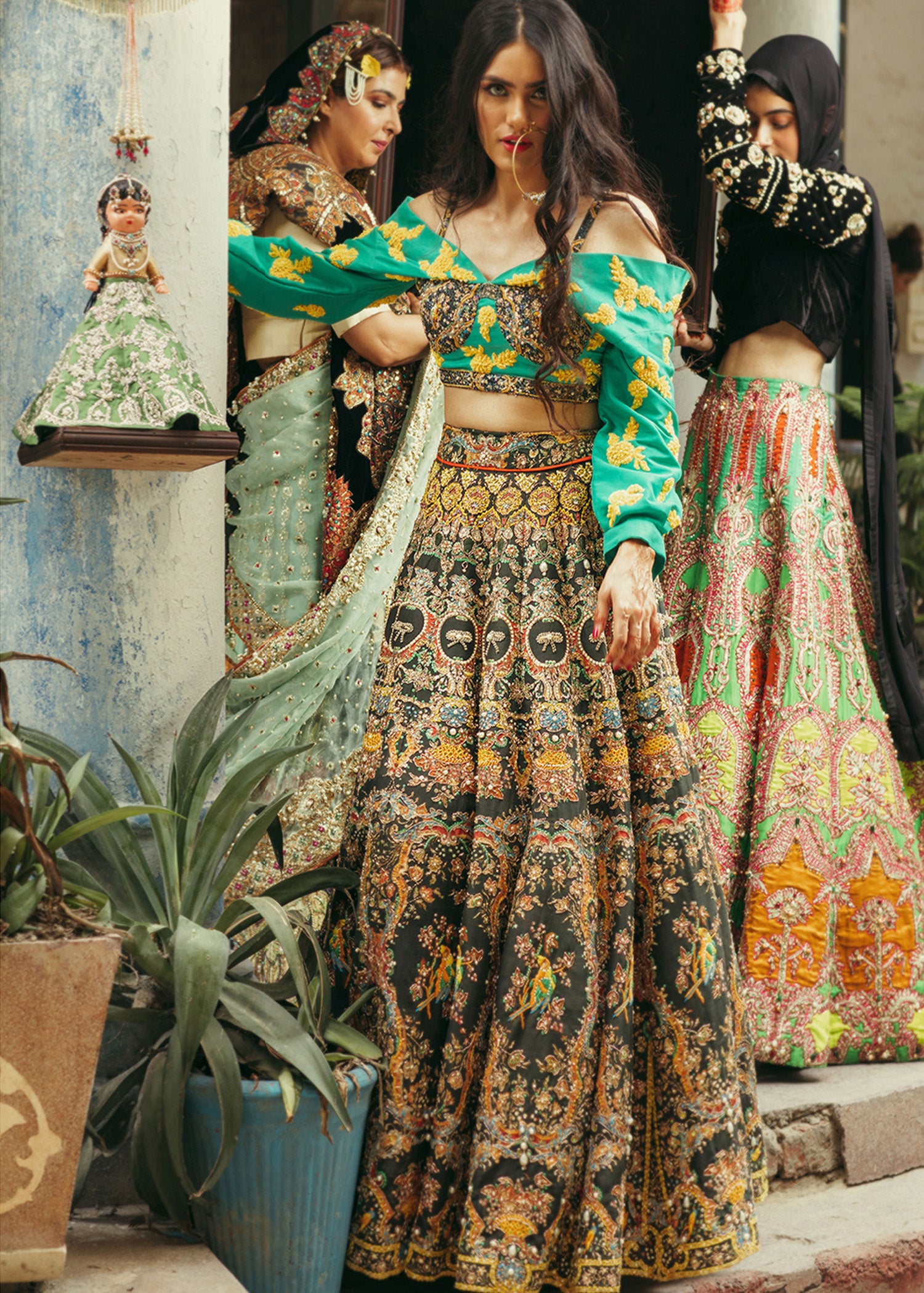 Pakistani Green Multi-Embroidered Silk-Blend Lehenga (2-Piece) - Image 1