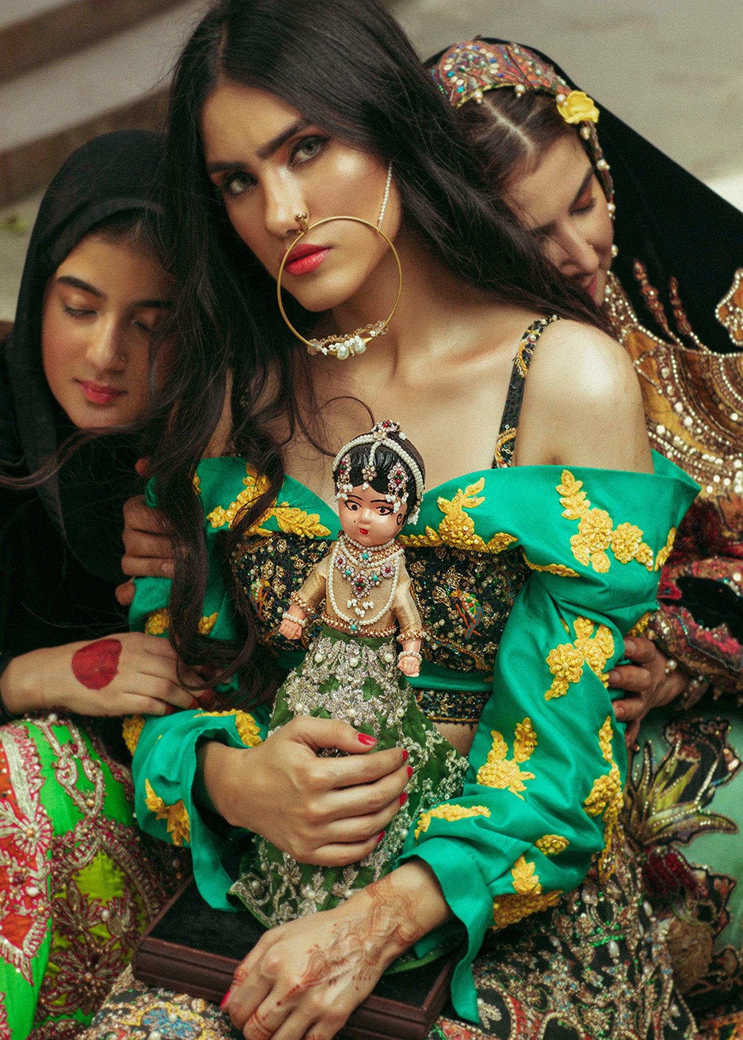 Pakistani Green Multi-Embroidered Silk-Blend Lehenga (2-Piece) - Image 3