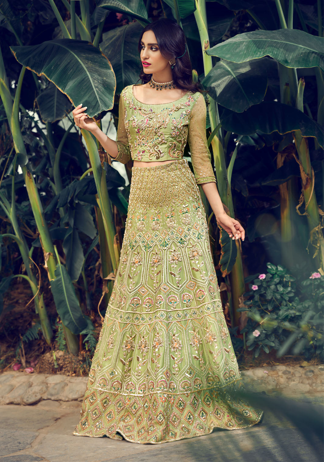Lime Green Embroidered Silk-Blend Lehenga Choli (3-Piece) - Image 1