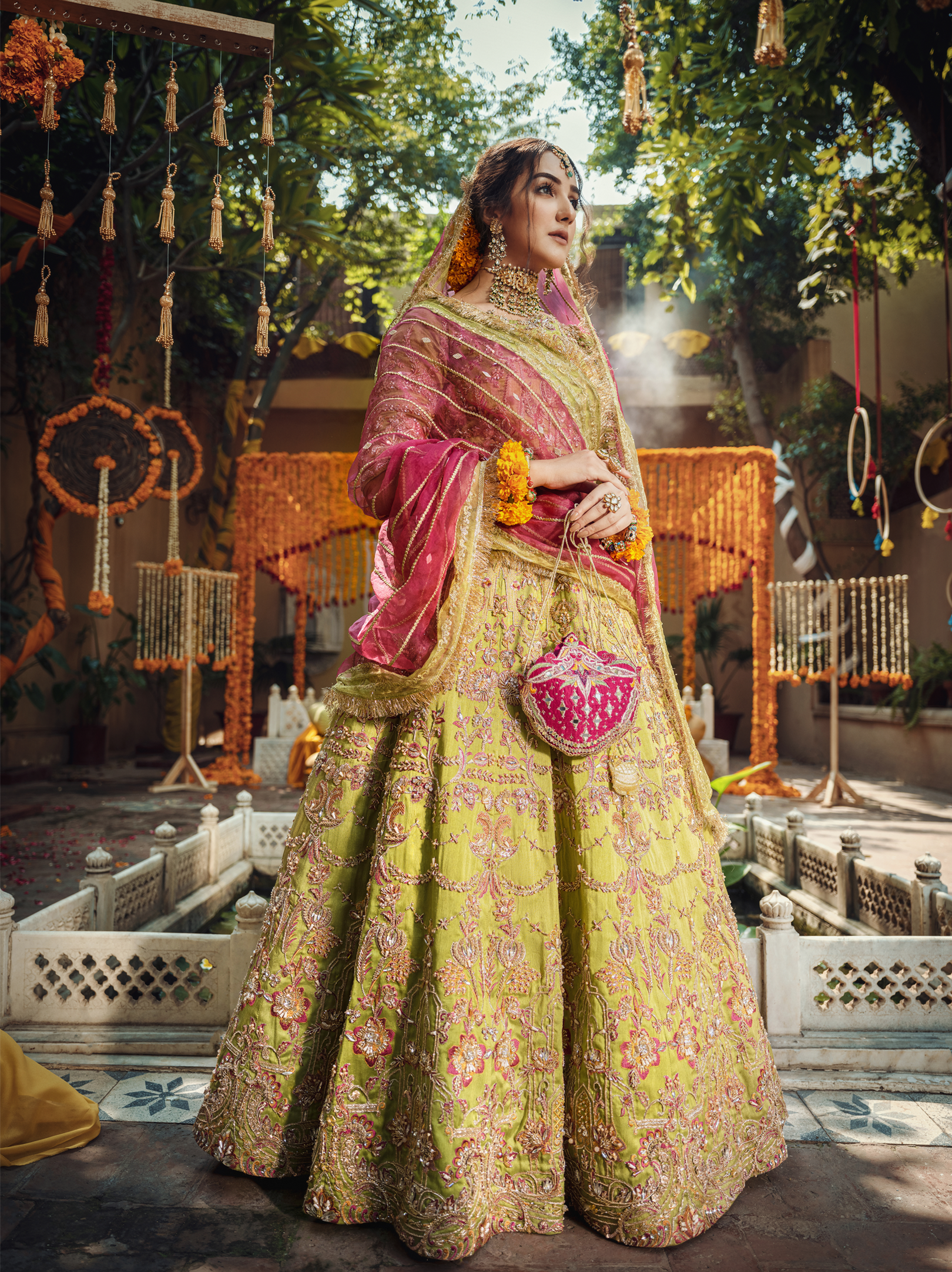Green Embroidered Silk-Blend Lehenga Choli (3-Piece) - Image 2