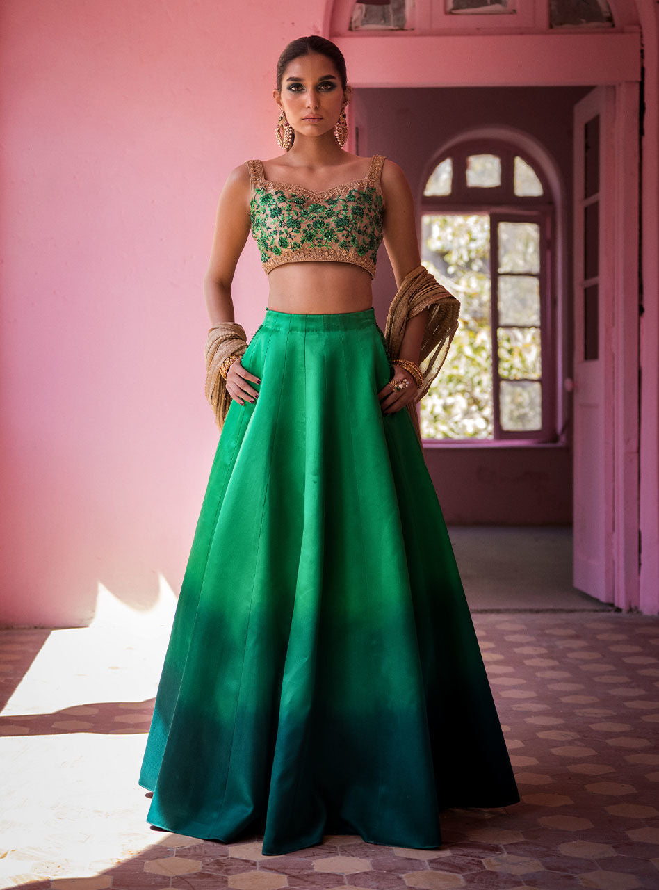 Emerald Embroidered Silk Lehenga (3-Piece) - Image 1