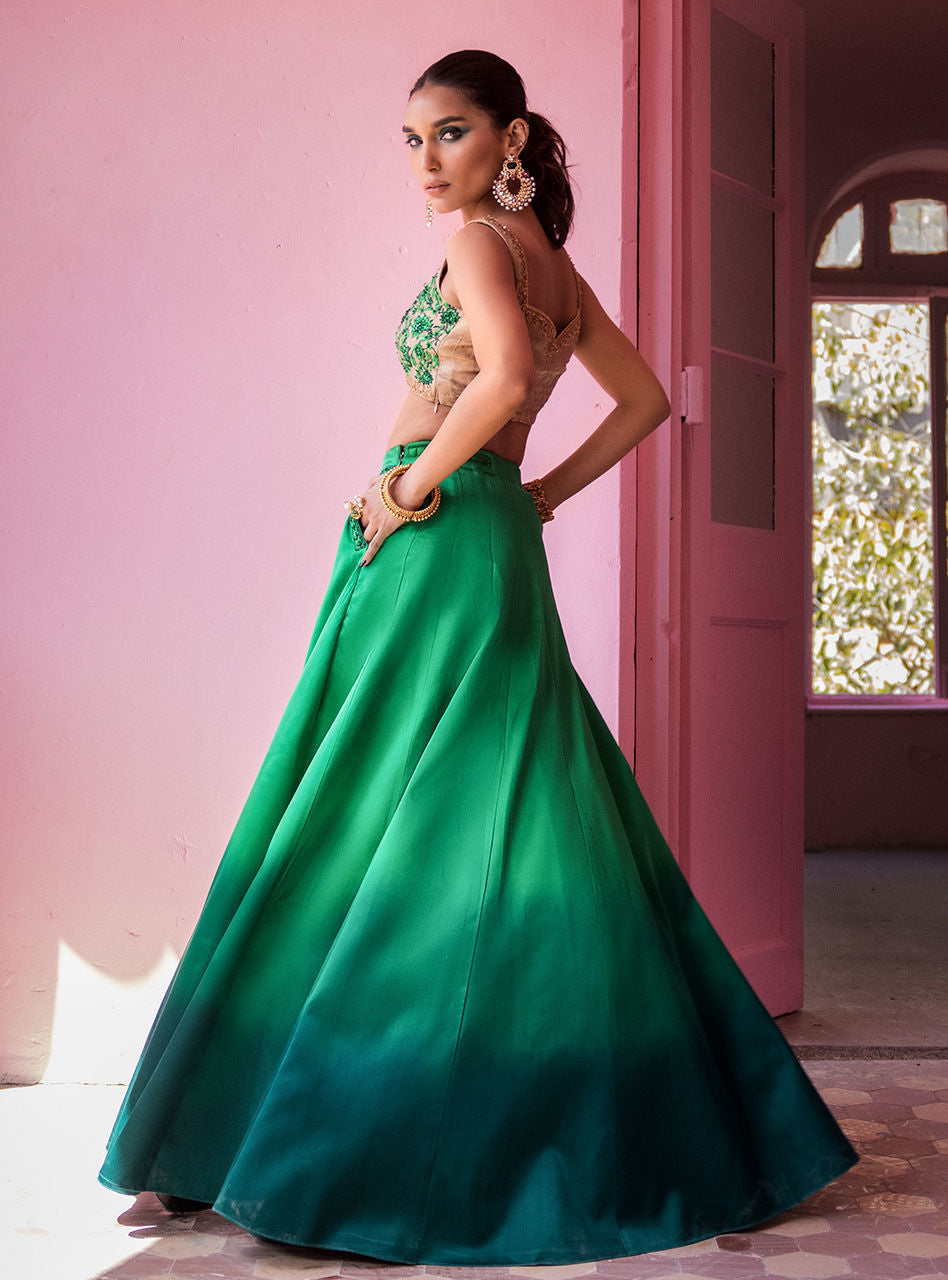 Emerald Embroidered Silk Lehenga (3-Piece) - Image 2