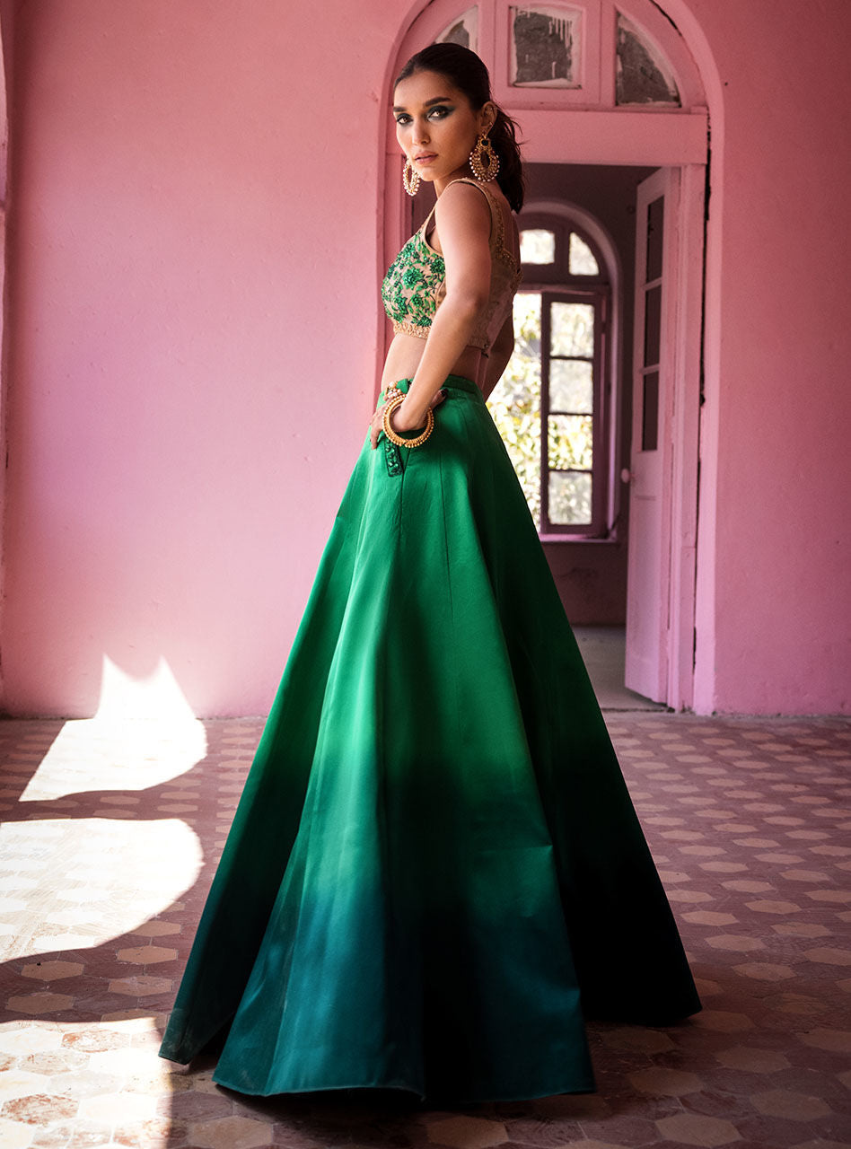 Emerald Embroidered Silk Lehenga (3-Piece) - Image 3