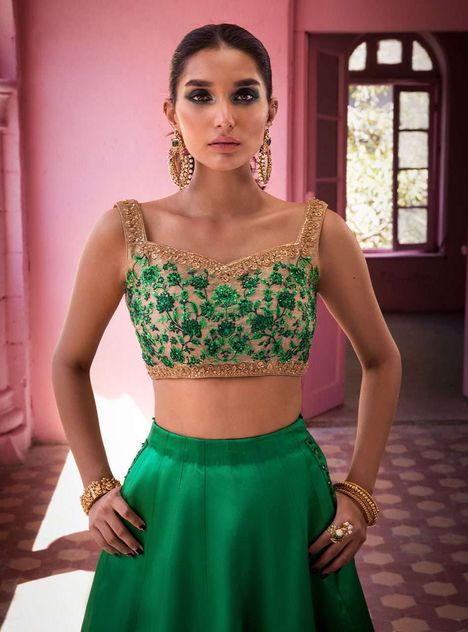 Emerald Embroidered Silk Lehenga (3-Piece) - Image 4