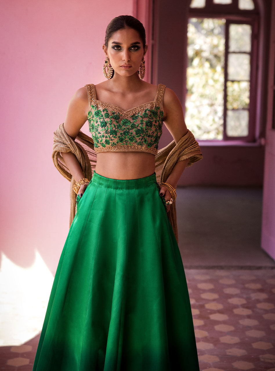 Emerald Embroidered Silk Lehenga (3-Piece) - Image 5