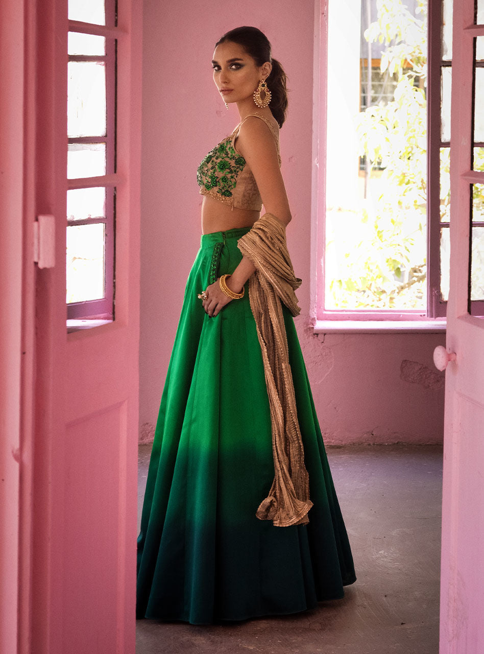 Emerald Embroidered Silk Lehenga (3-Piece) - Image 7