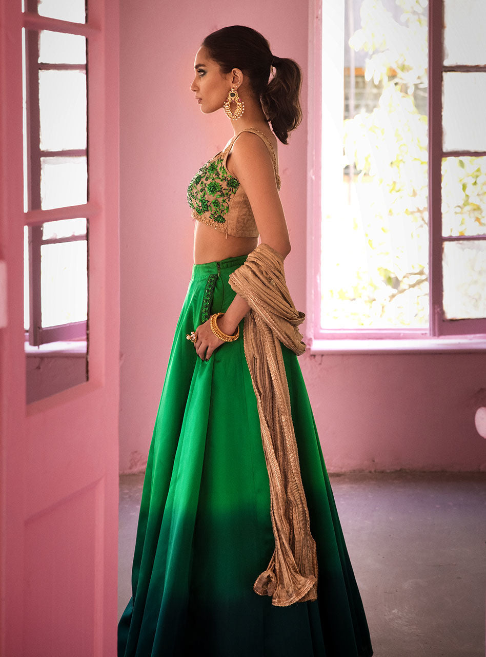 Emerald Embroidered Silk Lehenga (3-Piece) - Image 8
