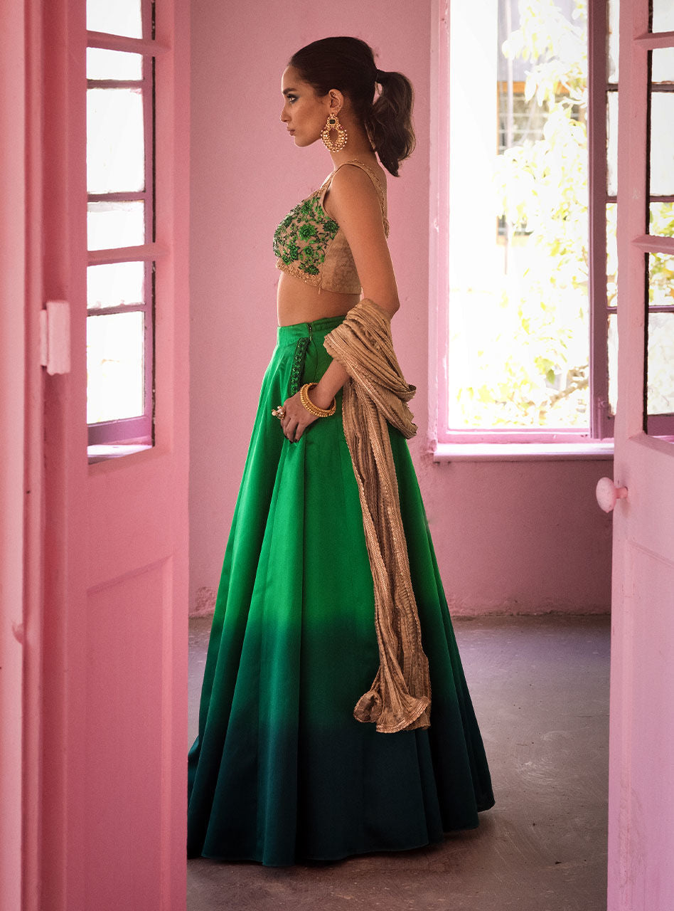 Emerald Embroidered Silk Lehenga (3-Piece) - Image 9