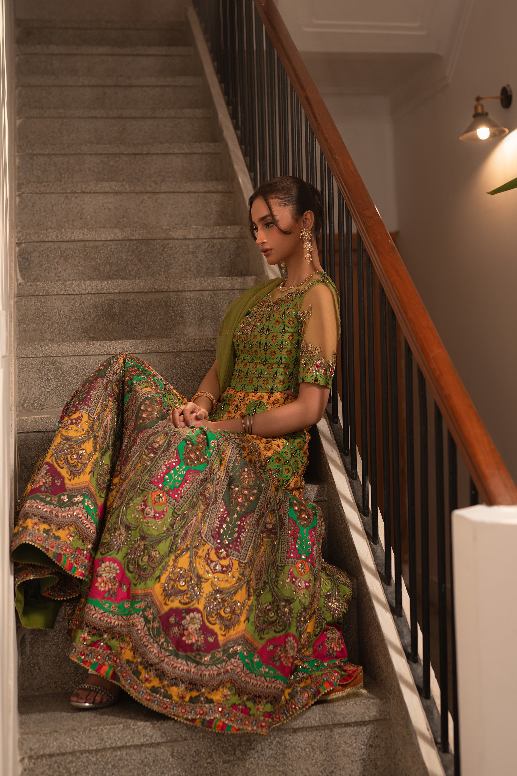 Pakistani Lime Green Gota Embellished Blended Silk Lehenga Choli (3-Piece) - Image 6