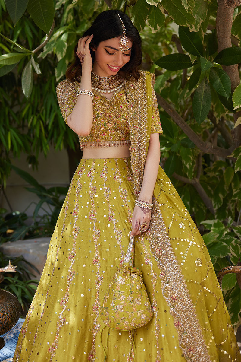 Lime Green Embellished Silk Lehenga Choli (3-Piece) - Image 2