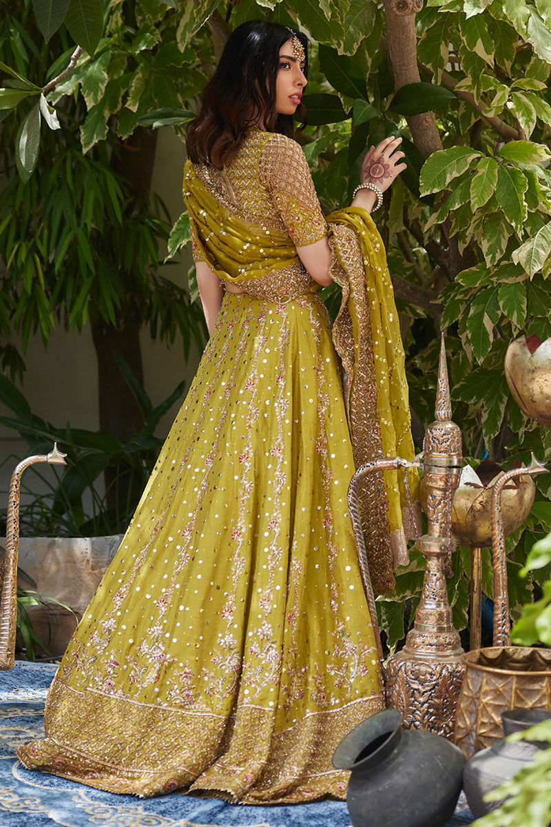 Lime Green Embellished Silk Lehenga Choli (3-Piece) - Image 3