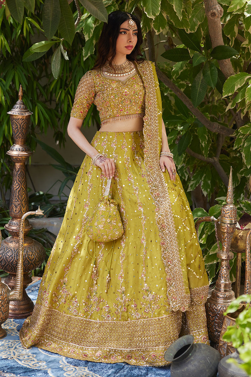Lime Green Embellished Silk Lehenga Choli (3-Piece) - Image 4