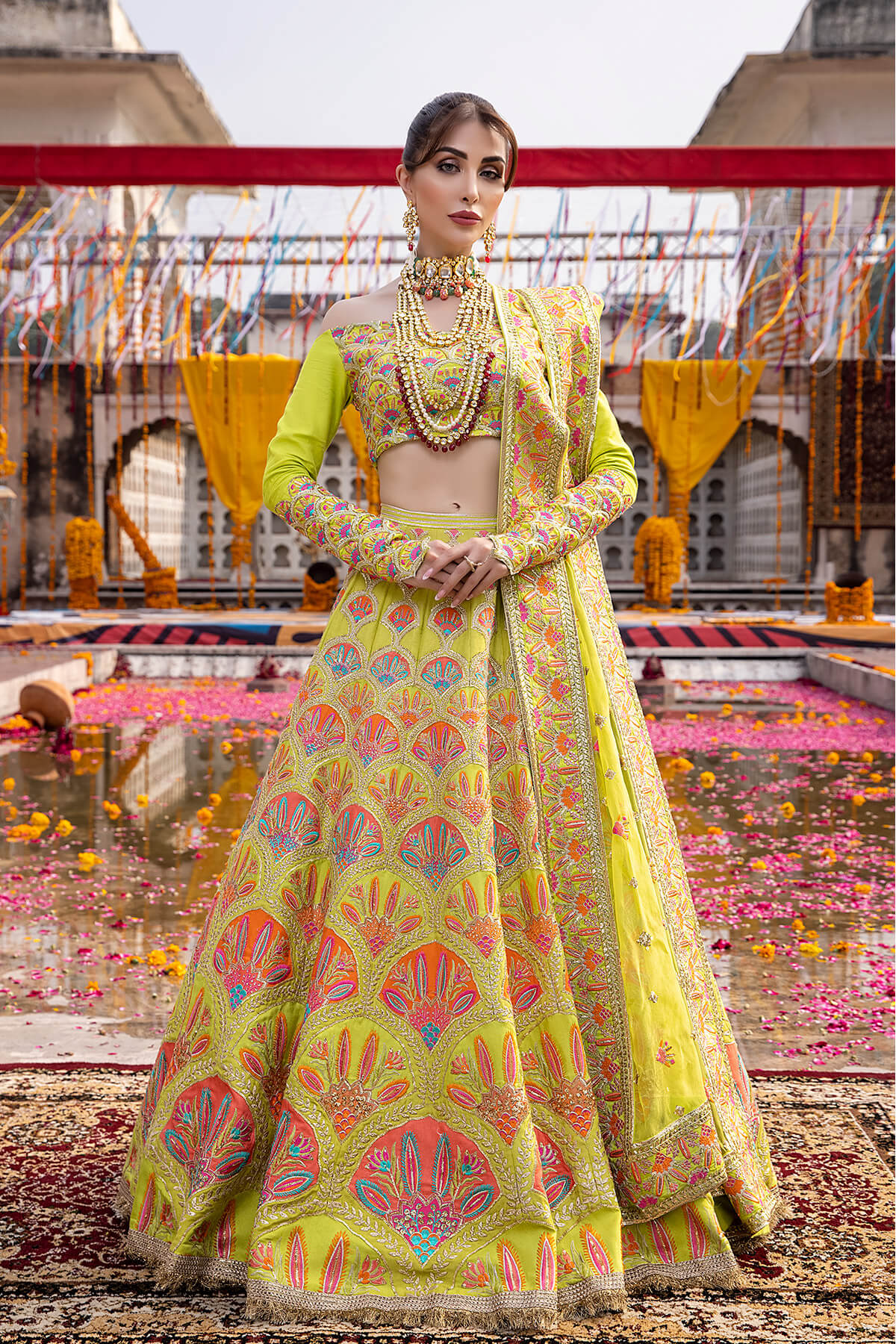 Pakistani Lime Embroidered Silk & Organza Lehenga (3-Piece) - Image 1