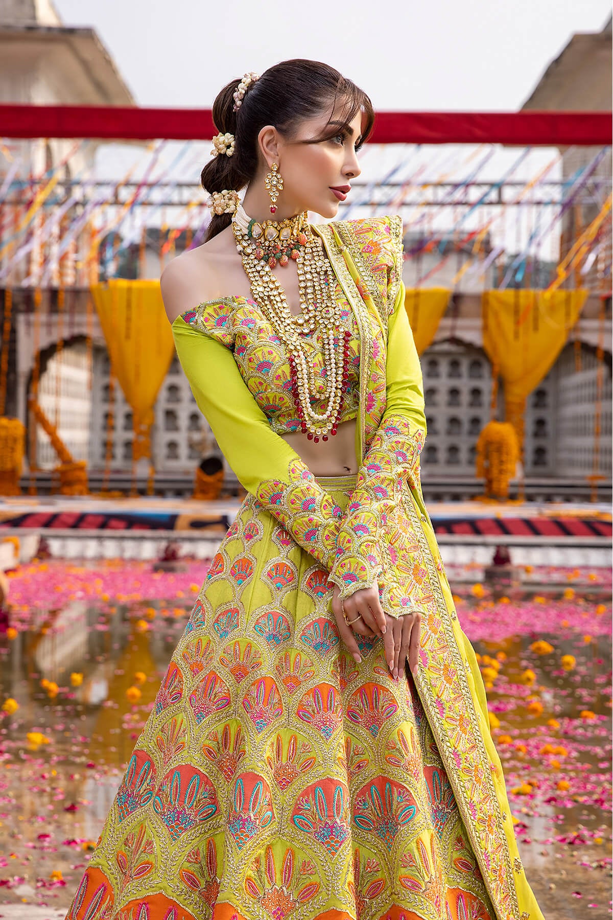 Pakistani Lime Embroidered Silk & Organza Lehenga (3-Piece) - Image 2