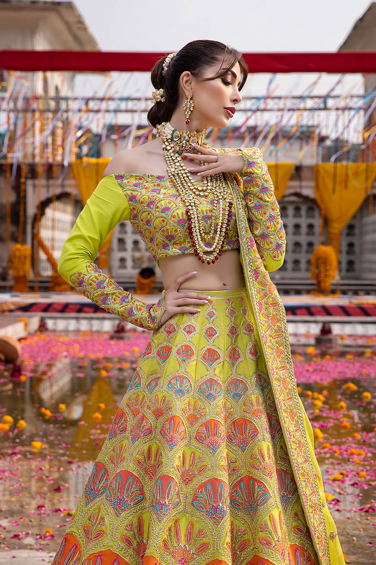 Pakistani Lime Embroidered Silk & Organza Lehenga (3-Piece) - Image 3