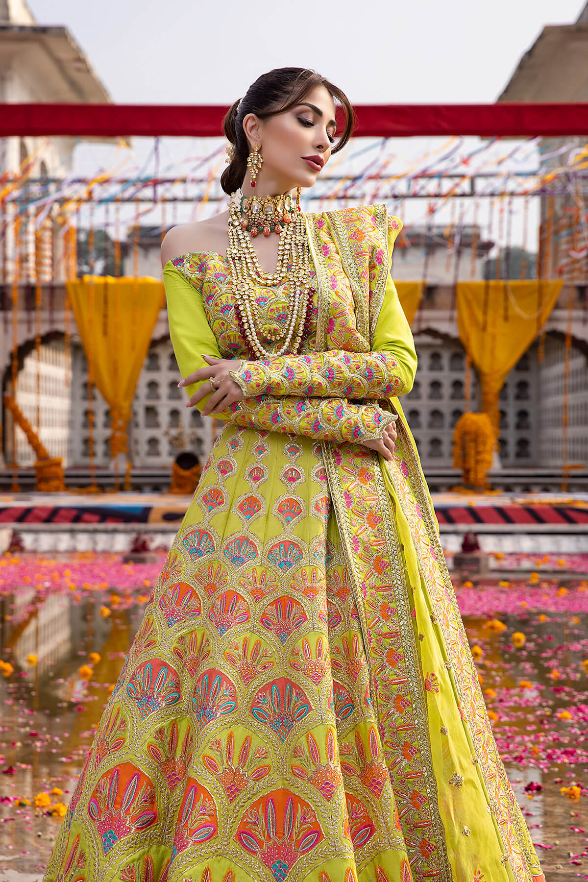 Pakistani Lime Embroidered Silk & Organza Lehenga (3-Piece) - Image 4