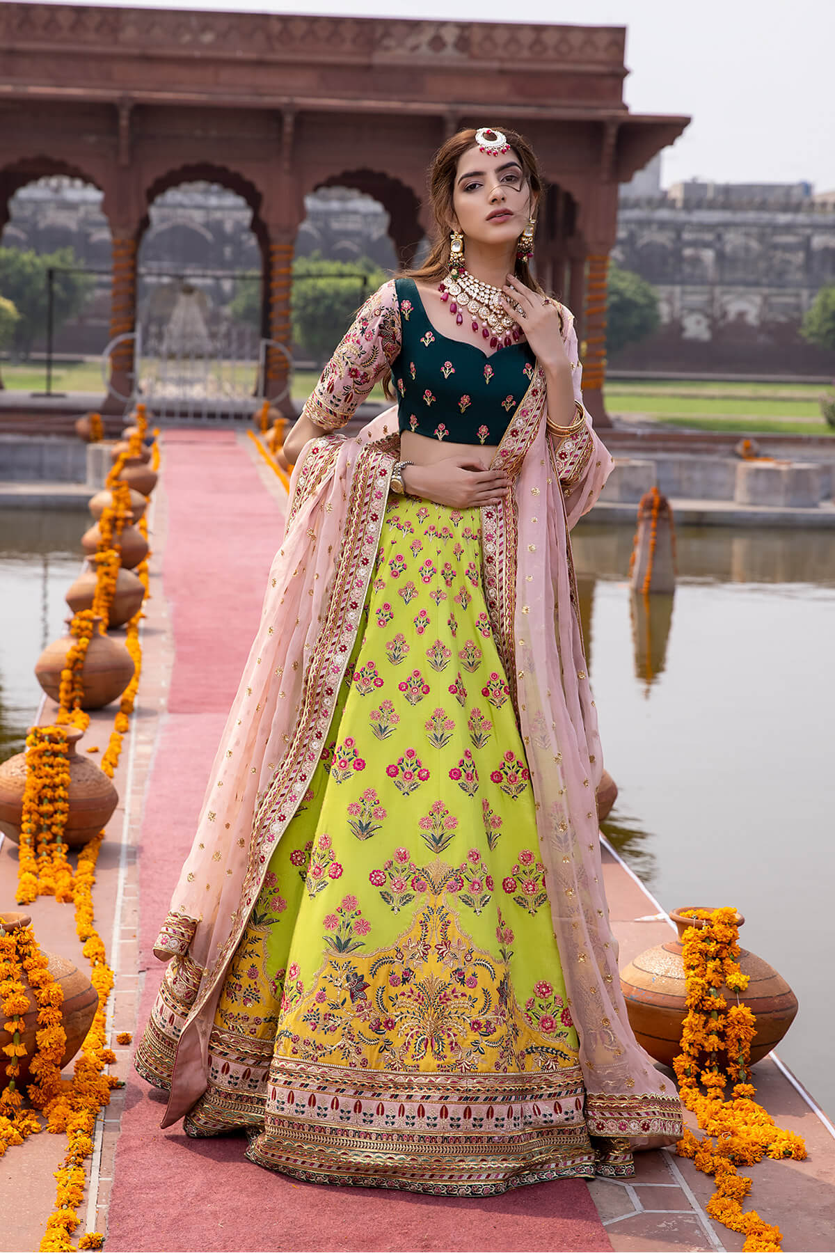 Pakistani Lime Embroidered Silk & Organza Lehenga Choli (3-Piece) - Image 1