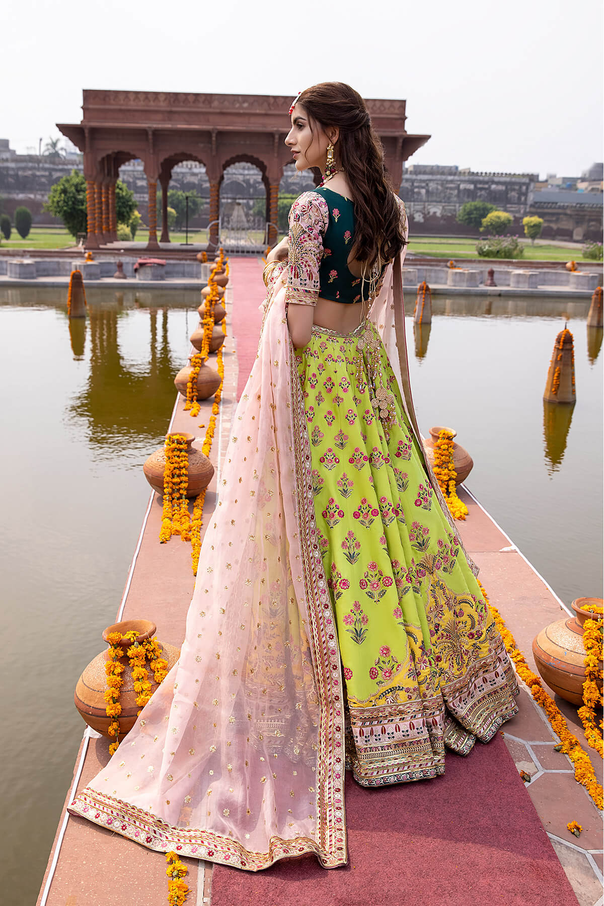 Pakistani Lime Embroidered Silk & Organza Lehenga Choli (3-Piece) - Image 2