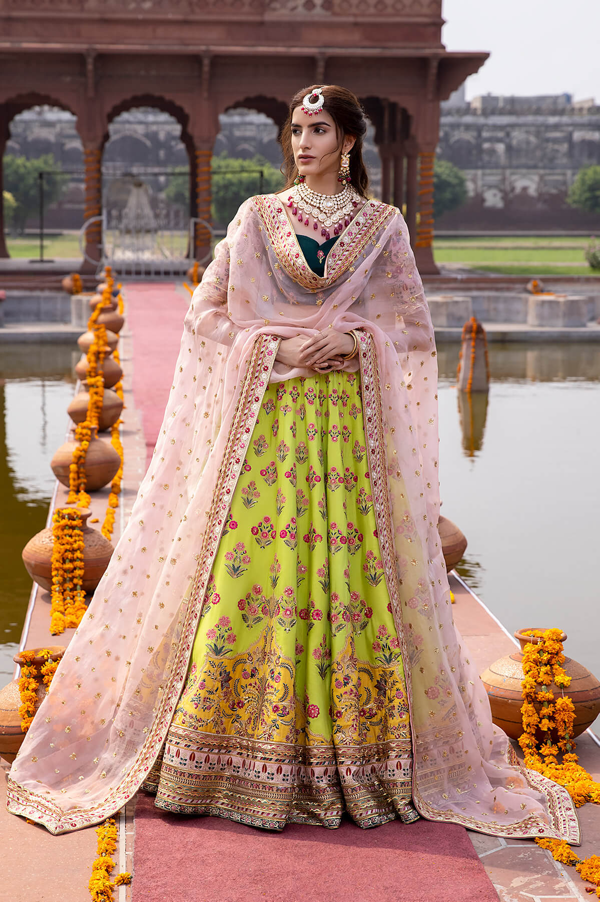 Pakistani Lime Embroidered Silk & Organza Lehenga Choli (3-Piece) - Image 3