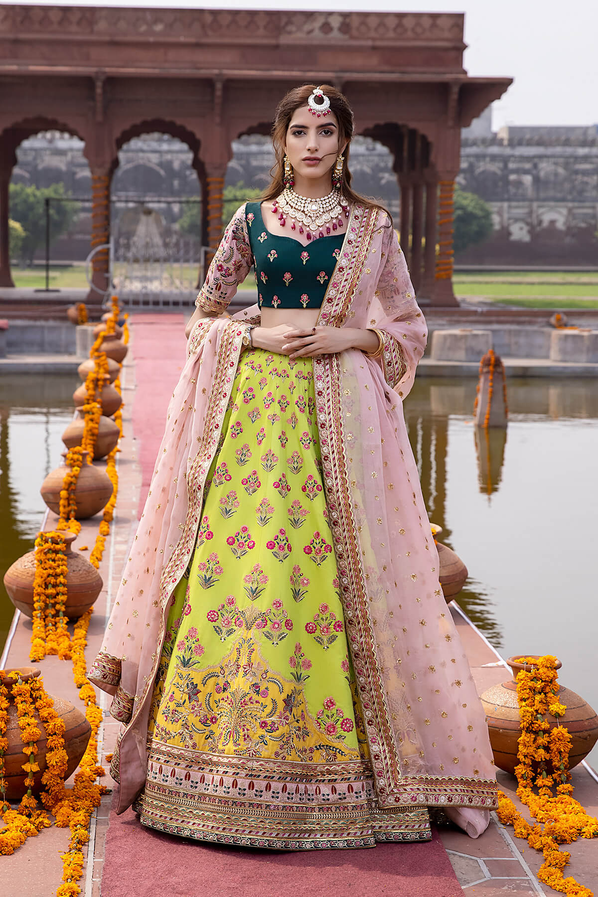 Pakistani Lime Embroidered Silk & Organza Lehenga Choli (3-Piece) - Image 4