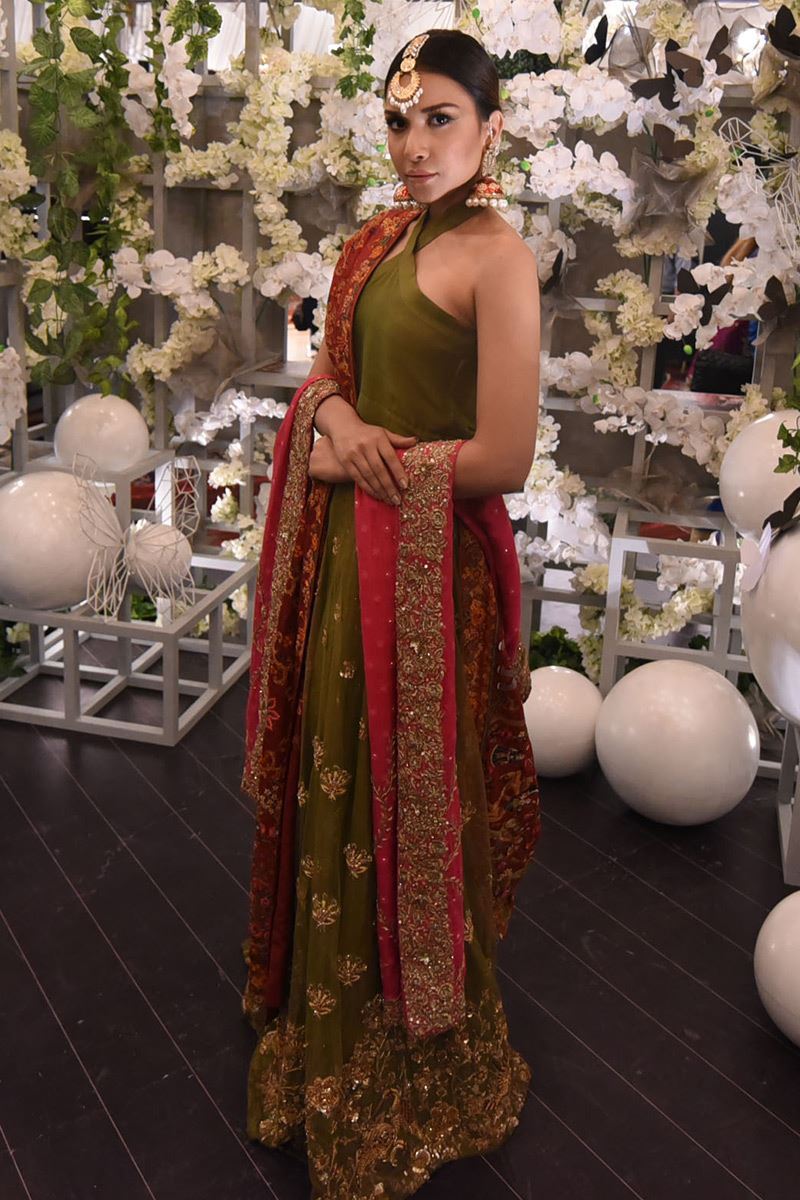 Pakistani Olive Green Zardozi Silk Lehenga Choli (3-Piece) - Image 1