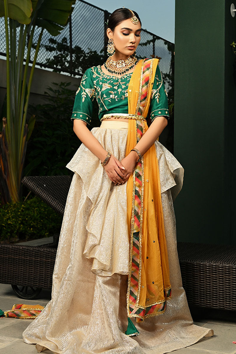 Jewel Green Zardozi Silk Lehenga Set (3-Piece) - Image 3