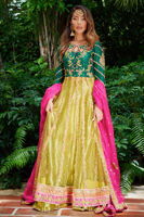 Emerald & Lime Embroidered Tissue Lehenga (3-Piece) - Image 4