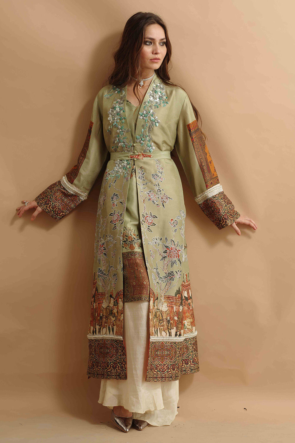 Pakistani Green Hand-Embellished Silk Mughal Print Long Coat (3-Piece) - Image 1