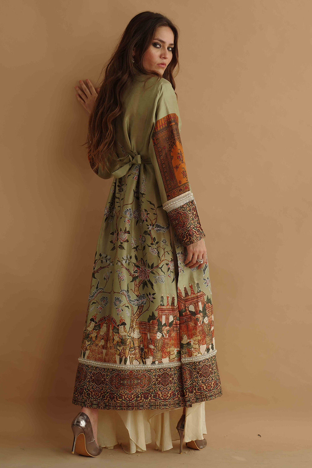 Pakistani Green Hand-Embellished Silk Mughal Print Long Coat (3-Piece) - Image 2
