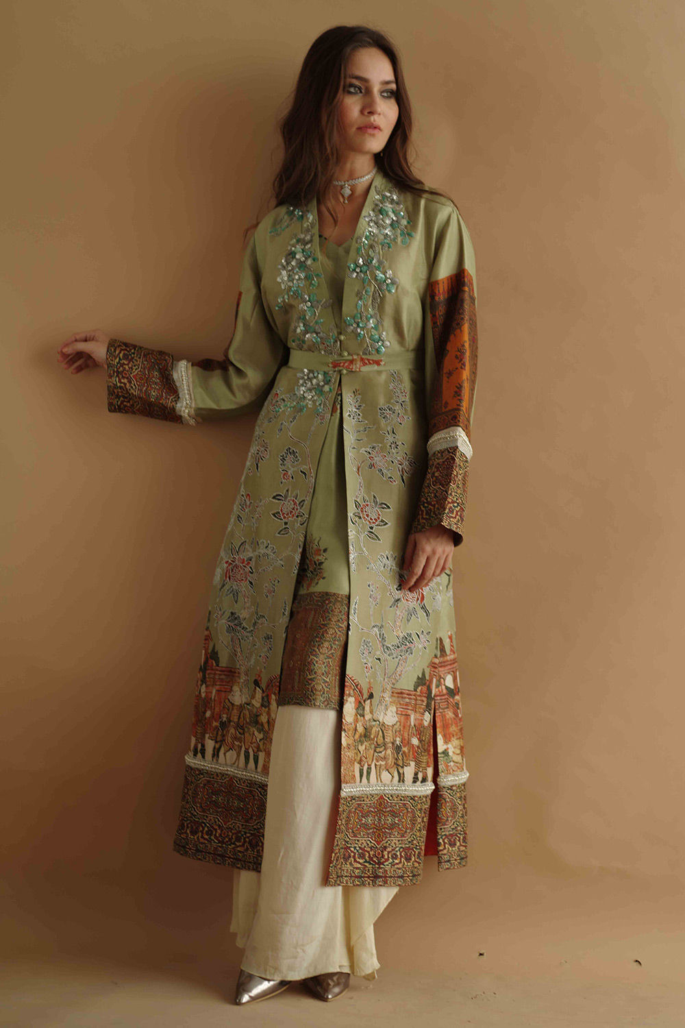 Pakistani Green Hand-Embellished Silk Mughal Print Long Coat (3-Piece) - Image 3