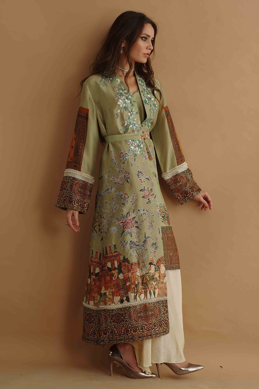 Pakistani Green Hand-Embellished Silk Mughal Print Long Coat (3-Piece) - Image 4