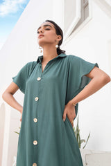 Pakistani Khaki Green Gold Button Georgette Chiffon Maxi Tunic (2-Piece) - Image 5