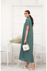 Pakistani Khaki Green Gold Button Georgette Chiffon Maxi Tunic (2-Piece) - Image 6