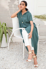 Pakistani Khaki Green Gold Button Georgette Chiffon Maxi Tunic (2-Piece) - Image 7